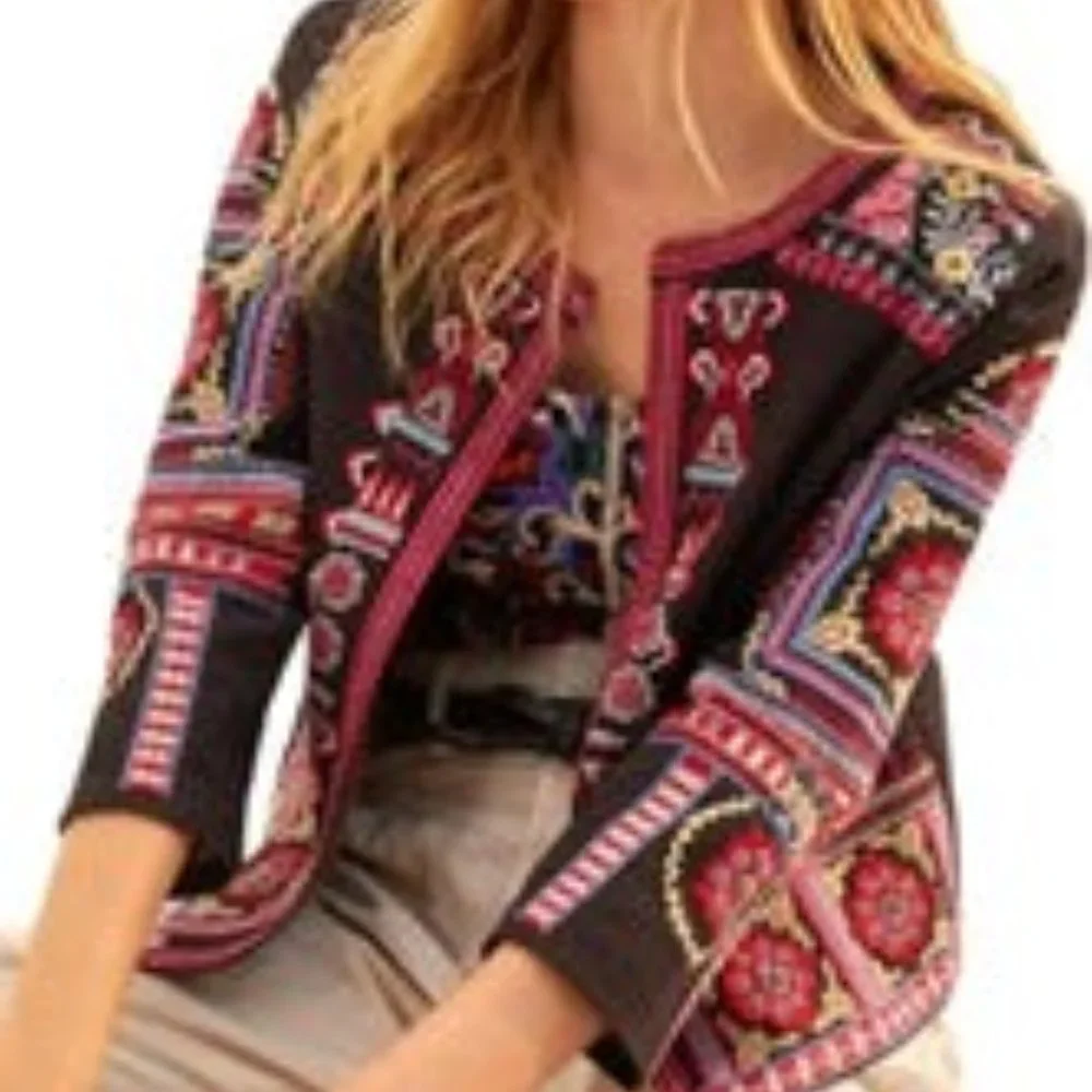 NTHR Women’s Open Front Embroidered Beaded Black Cotton Crop Jacket - Picture 5 of 12